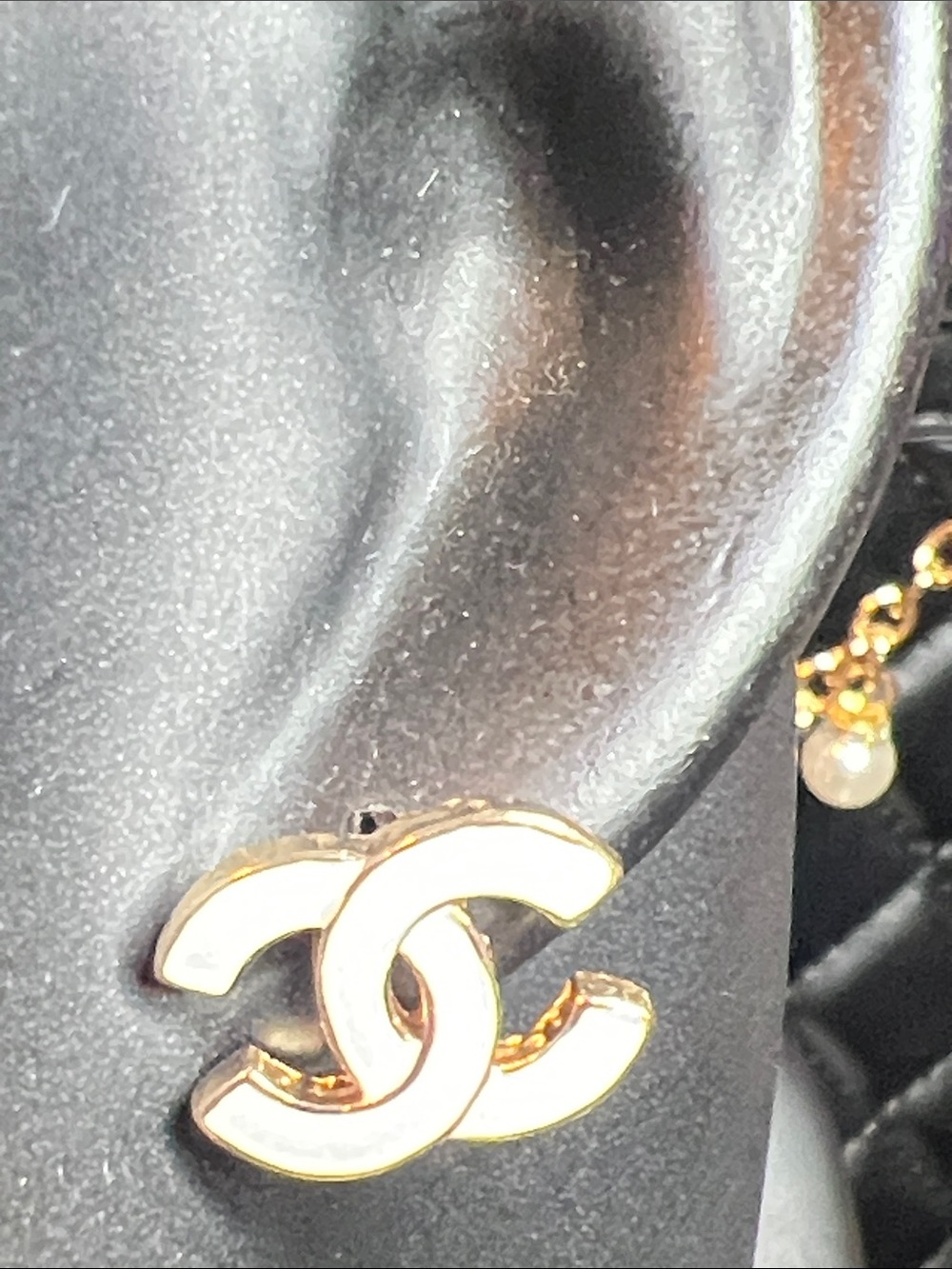 White and Gold Interlocking CC Stud Earrings